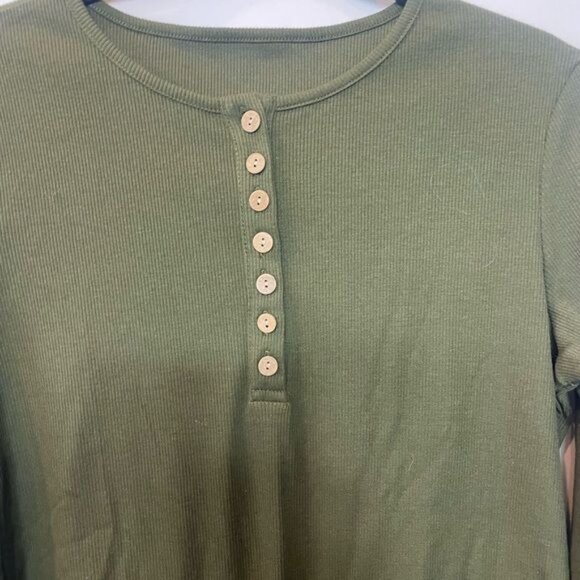 Basic Henley Lace Crochet Long Sleeve Blouse Casual Green Ribbed Knit Size Large - Picture 6 of 8